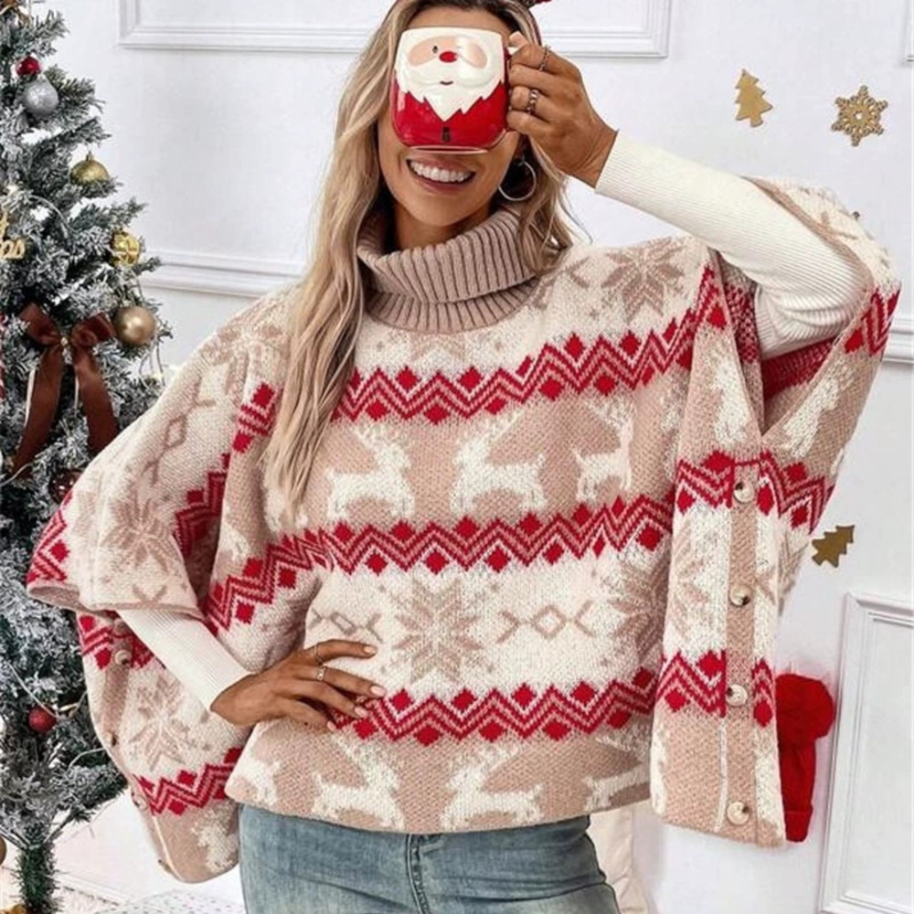 Zara Autumn Winter High Neck Christmas Sweater Moose Color Block Batwing Sleeve